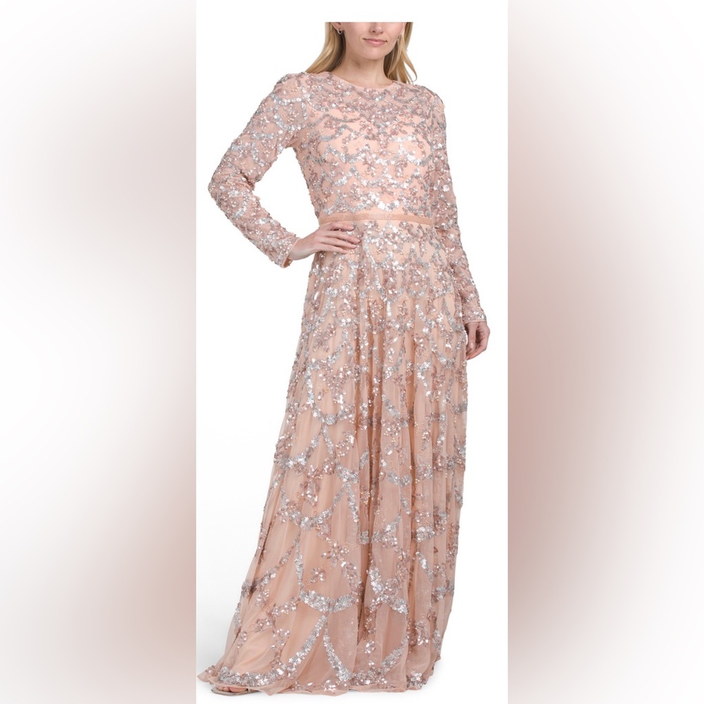 Mac Duggal Blush Sequin Embellished Long Sleeve Gown